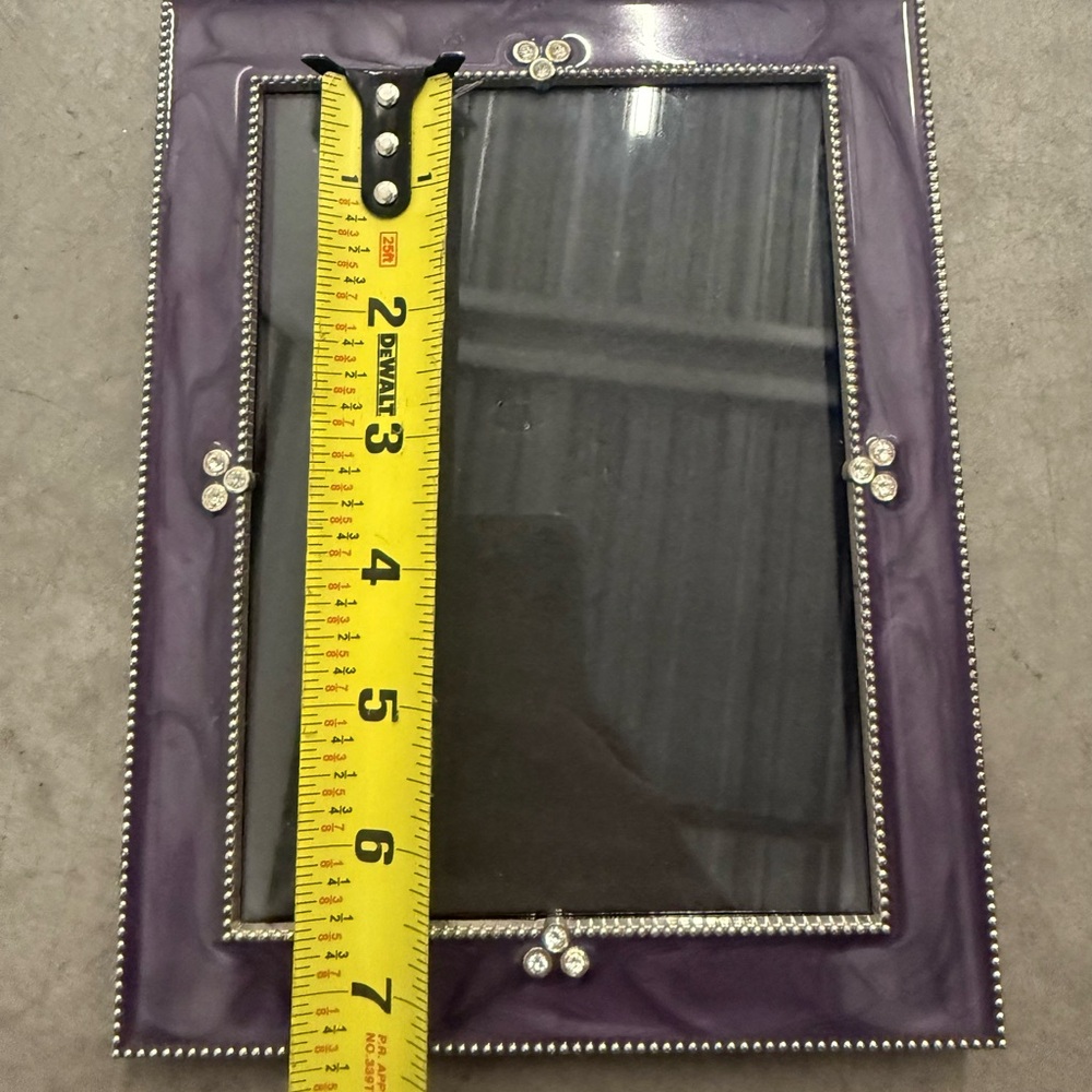 Silverplated Metal Purple Enamel  Rhinestone Trimmed Photo Frame 8-1/2 x 6-1/2” - Picture 7 of 8